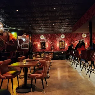 Bar area decorated for Halloween.