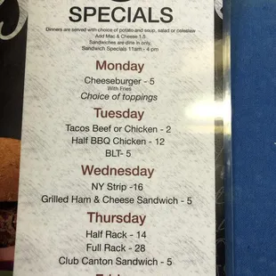 a menu for specials