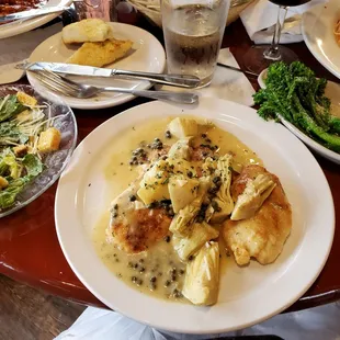 Chicken Picatta with Caesar salad and a side of broccoli