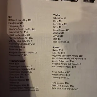 liquor menu