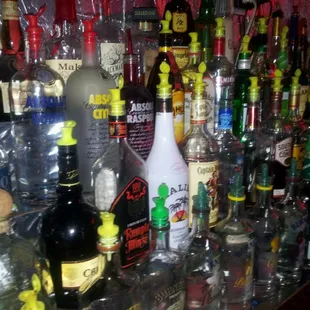 a variety of liquor bottles