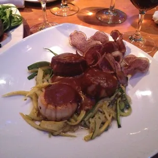 Mmmmmm...pan seared scallops, purple potato chips, with spicy NM harissa sauce!