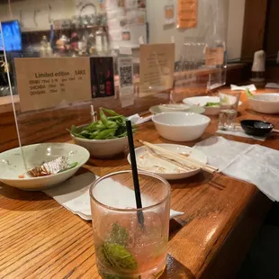 a table of food and drinks