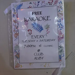 Free Karaoke Tuesday and Saturday flyer