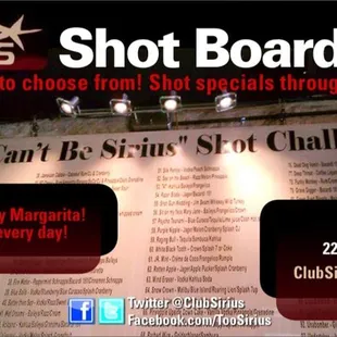 Club Sirius Shot Board- over 100 shots on the menu!