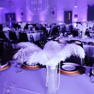 Clubhouse Woodcreek set up for a Great Gatsby theme prom with Purple Uplighting +  Custom Monogram