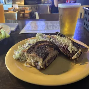Ruben on marbled rye with coleslaw