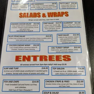 Sandwich, Salad &amp; Entrée menu with updated/increased pricing.