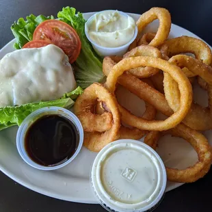 Deconstructed Teriyaki Chicken Burger for $6.50 (during half prices hours) + $1.25 up-charge for Onion Rings.