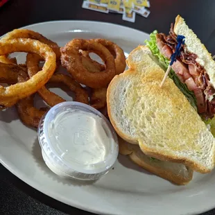 BLT Sandwich for $9.95 + $1.25 up-charge for Onion Rings.