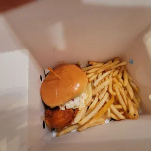 Small chicken sammy and fries to-go.
