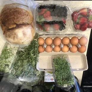 Berries, eggs, microgreens, herbs and fresh sourdough bread on the menu this week!