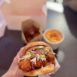Nashville Hot Chicken Sandwich (Hot) Corn Fritters Mac &amp; Cheese