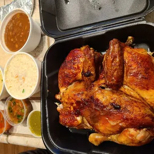 Mini Meal - 1 whole chicken, medium rice, medium beans, and medium potato salad. Served with 1 packet of tortillas and salsa.