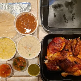 Mini Meal - 1 whole chicken, medium rice, medium beans, and medium potato salad. Served with 1 packet of tortillas and salsa.