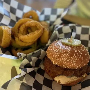 a burger and onion rings