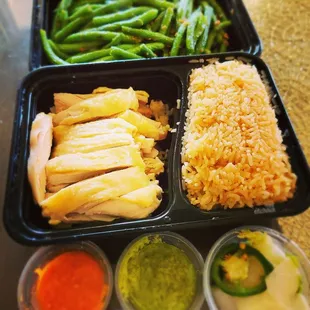 Chicken (mixed) and rice, green beans