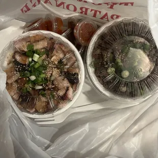 Chicken bowl and beef bowl! With lots of sauces and cardboard to hold the phone for take out.