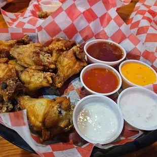 chicken wings and dipping sauces