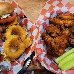 Burger, onion rings, wings.