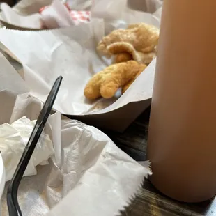 Leftover hush puppies and pork rinds. We ate fast.