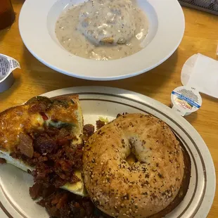Mom crustless quiche , everything bagel with cream cheese and small biscuits and sausage gravy!