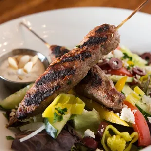 Greek salas with lamb kebabs.