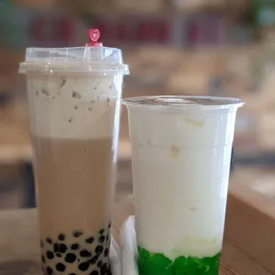 Okinawa with Sea salt crema  and Jasmine Milk Tea with Green Apple Jelly topping