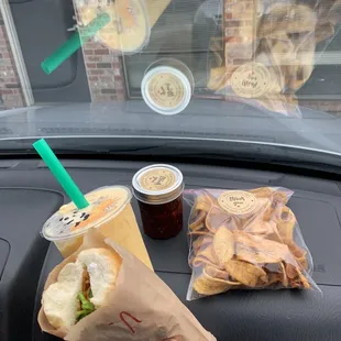 Vegetarian Banh Mi Chili oil  Blended Passion Fruit milk Tea Plantains