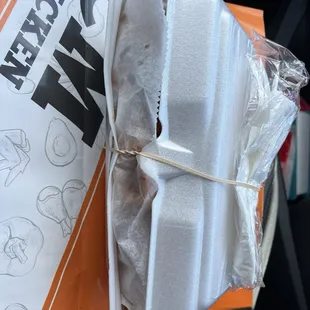 Impressive take out container, so full it needs a rubberband!