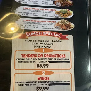 chicken wings and fried chicken, menu