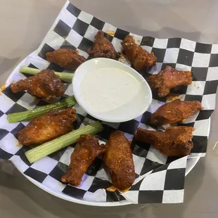 Buffalo wings, celery, and ranch