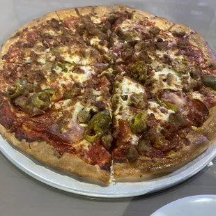 A picture of the meat eater pizza we enjoyed. Best pizza in Aransas Pass!