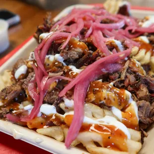 a plate of french fries with meat and onions