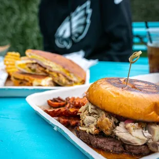 a plate of food on a blue table