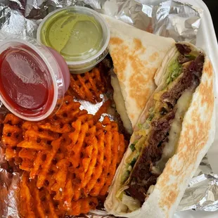 Brisket Crunchwrap and Sweet Potato Waffle Fries