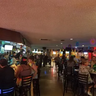 people sitting at tables in a restaurant