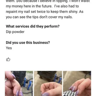 Photos of the dip nail set where they are cracked and I had to glue them back on myself.