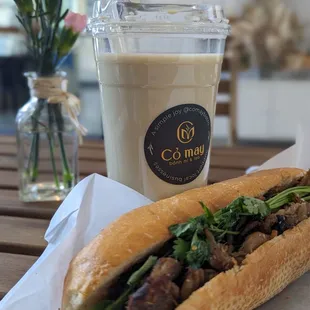 Pork banh mi, jasmine milk tea