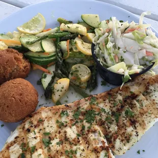 Halibut w/ hush puppies, cole slaw &amp; vegetable medley