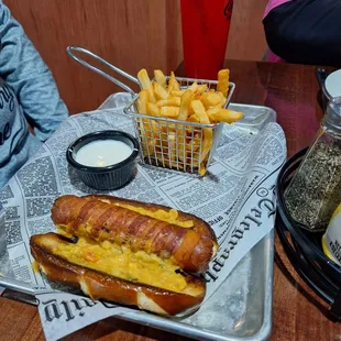Bacon wrapped beef dog fries