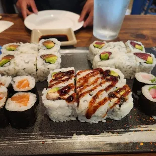 a platter of sushi on a table