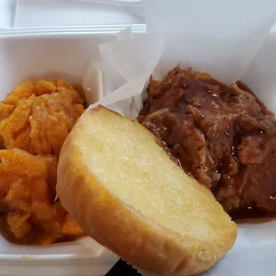 BBQ Pulled Pork sandwich and candied yams