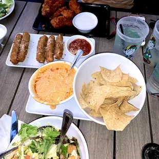 Side salad. Buffalo dip with chips. mozzarella sticks.buffalo wings.