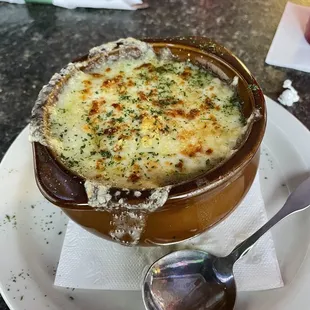 Crock of French onion soup