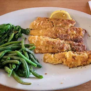 Sautéed Perch Dinner - lightly battered served with spinach and green beans instead of rice.
