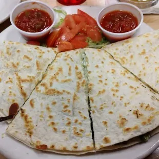 Coach&apos;s Corner is happy to oblige me Quesadilla with Spinach Artichoke Dip, Cheese, Lettuce Tomato and Extra Salsa