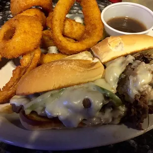 Philly melt with onion rings! Very tender meat. Great bun. Super rings!!