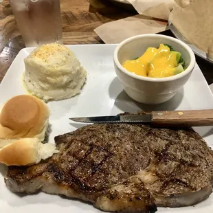 ribeye, mashed potatoes, and broccoli and cheese