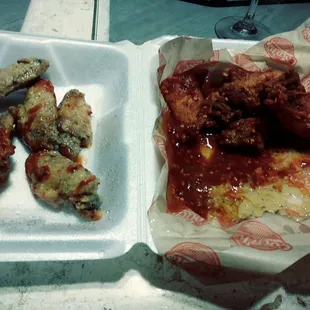 Was supposed to be six Garlic and six Hot wings. Not a mess of both